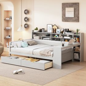 Wooden Full Size Daybed with Storage Shelves, Multi-functional Bed with Two Storage Drawers and Study Desk, Antique White (Old SKU: HL000089AAK)