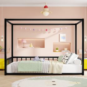 Twin size sunshade floor bed, iron double-size bed frame, modern low-profile double-size bed, equipped with fence-style guardrails, black series