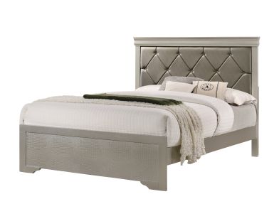 Modern 1pc Beige Champagne Finish King Size Panel Bed Wooden Crocodile Texture PU Upholstered Headboard Crystal-Like Button Tufted Fabric Bedroom