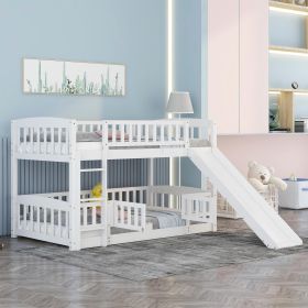 Bunk Bed with Slide,Twin Over Twin Low Bunk Bed with Fence and Ladder for Kids Teens White