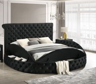 Luxurious 1pc Glam Queen Tufted Headboard Upholstered Storage Round Bed Black Footboard Storage Wooden Bedroom Furniture