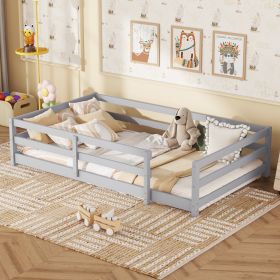 Twin Size Floor Bed, Montessori Floor Bed with Fence, Kids Montessori Bed Twin Size, Wood Montessori Floor Bed for Kids, Girls, Boys (GRAY)