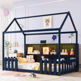 Twin Size House Bed with LED Light, Wood House Bed with Storage Bookshelf, Floor House Bed with Guardrails for Kids (Color: as Pic)