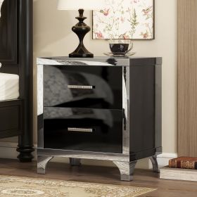 Elegant High Gloss Nightstand with Metal Handle,Mirrored Bedside Table with 2 Drawers for Bedroom,Living Room (Material: MDF, Color: Black)