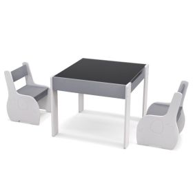4-in-1 Wooden Activity Kids Table and Chairs with Storage and Detachable Blackboard (Color: Gray)