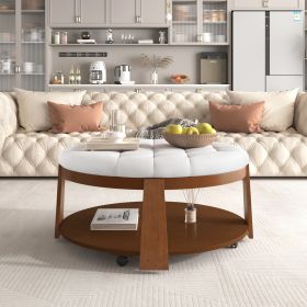 Modern Large Round Ottoman Coffee Table 2-Tier Oversized Button Tufted Ottoman with Wood Shelf Storage Upholstered Coffee Table for Living Room F (Material: Rubber Wood, Color: Ivory White)