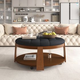 Modern Large Round Ottoman Coffee Table 2-Tier Oversized Button Tufted Ottoman with Wood Shelf Storage Upholstered Coffee Table for Living Room F (Material: Rubber Wood, Color: Black+Brown)