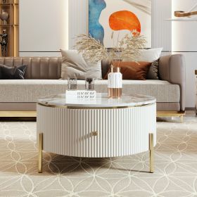 Modern Round Coffee Table with 2 large Drawers Storage Accent Table(31.5'') (Material: MDF, Color: Off White)