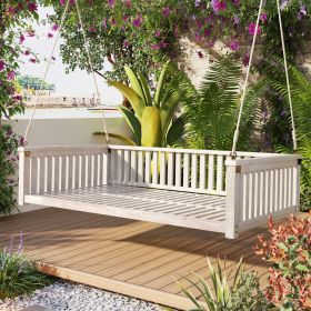 Patio Minimalist Twin Size Garden Swing Bed Wood Porch Swing with Ropes for Backyard, Safe Sloped Design (Material: Acacia Wood, Color: White)