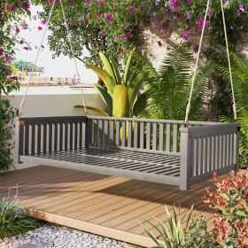 Patio Minimalist Twin Size Garden Swing Bed Wood Porch Swing with Ropes for Backyard, Safe Sloped Design (Material: Acacia Wood, Color: Gray)