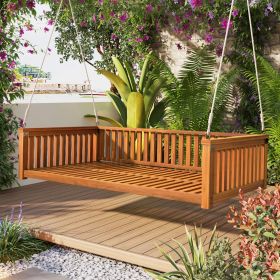Patio Minimalist Twin Size Garden Swing Bed Wood Porch Swing with Ropes for Backyard, Safe Sloped Design (Material: Acacia Wood, Color: Teak)